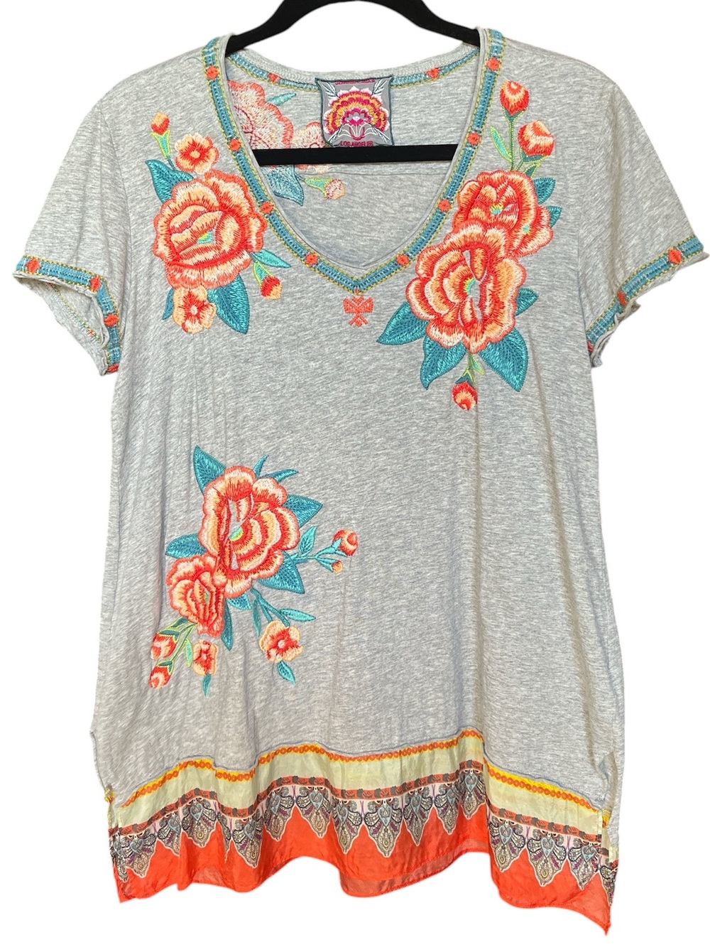 Johnny Was Gray V-Neck Tee with Orange Floral Embroidery - Picture 2 of 6